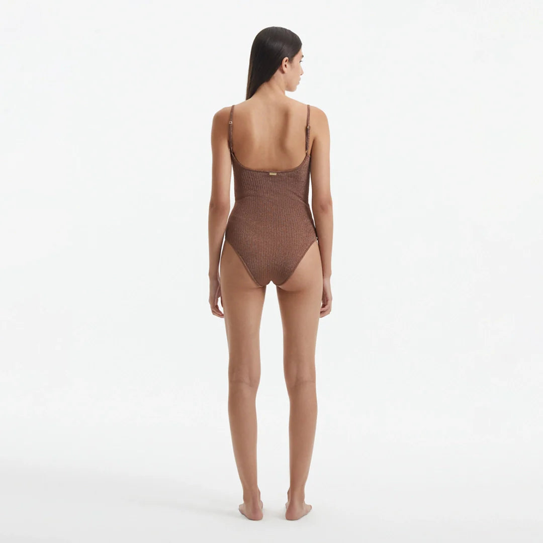 Hartley Brown Scoop Neck Metallic Knitted Swimsuit | Moeva | Swimsuit | Each week unveils new pieces—luxury swimwear, fluid resort silhouettes, and elevated summer-to-evening essentials designed to carry you from coastal escapes to city nights.