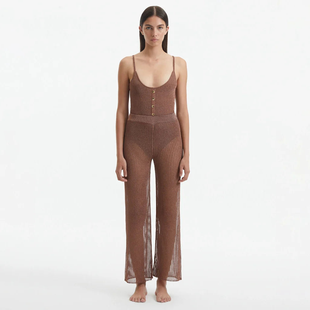 Luz Brown Metallic Sheer Knit Pants | Moeva | Pants | Each week unveils new pieces—luxury swimwear, fluid resort silhouettes, and elevated summer-to-evening essentials designed to carry you from coastal escapes to city nights.