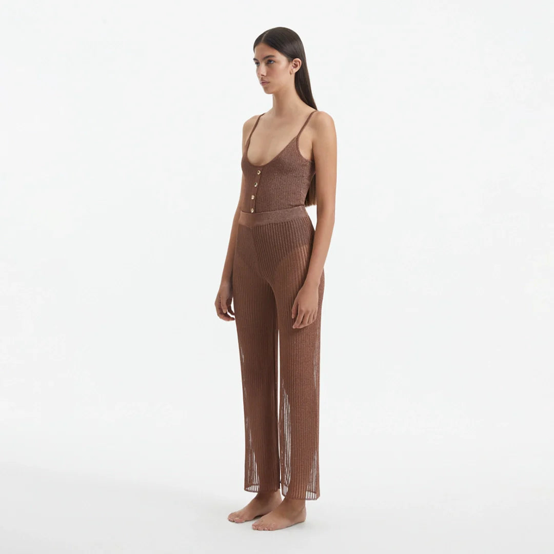 Luz Brown Metallic Sheer Knit Pants | Moeva | Pants | Each week unveils new pieces—luxury swimwear, fluid resort silhouettes, and elevated summer-to-evening essentials designed to carry you from coastal escapes to city nights.