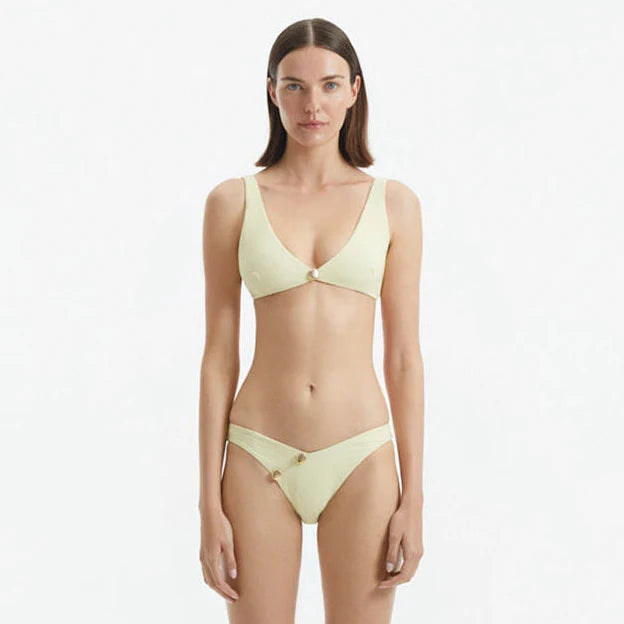 Aeron Yellow V Neck Textured Mid Coverage Bikini Set | Moeva | Bikini Set | Each week unveils new pieces—luxury swimwear, fluid resort silhouettes, and elevated summer-to-evening essentials designed to carry you from coastal escapes to city nights.