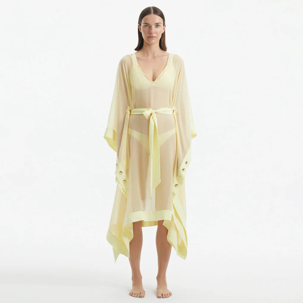 Opal Yellow Sheer Gold Buttoned Belted Kaftan | Moeva | Kaftan | Each week unveils new pieces—luxury swimwear, fluid resort silhouettes, and elevated summer-to-evening essentials designed to carry you from coastal escapes to city nights.