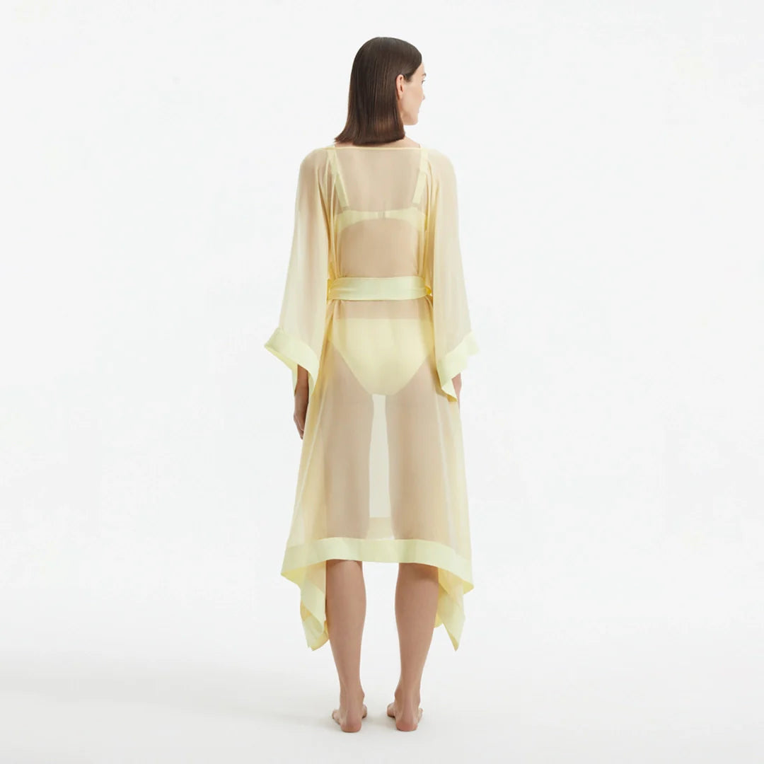 Opal Yellow Sheer Gold Buttoned Belted Kaftan | Moeva | Kaftan | Each week unveils new pieces—luxury swimwear, fluid resort silhouettes, and elevated summer-to-evening essentials designed to carry you from coastal escapes to city nights.