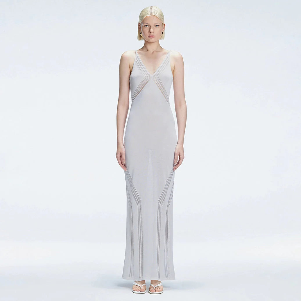 Odessa Silver V Neck Knit Maxi Dress | Moeva | Dress | Each week unveils new pieces—luxury swimwear, fluid resort silhouettes, and elevated summer-to-evening essentials designed to carry you from coastal escapes to city nights.
