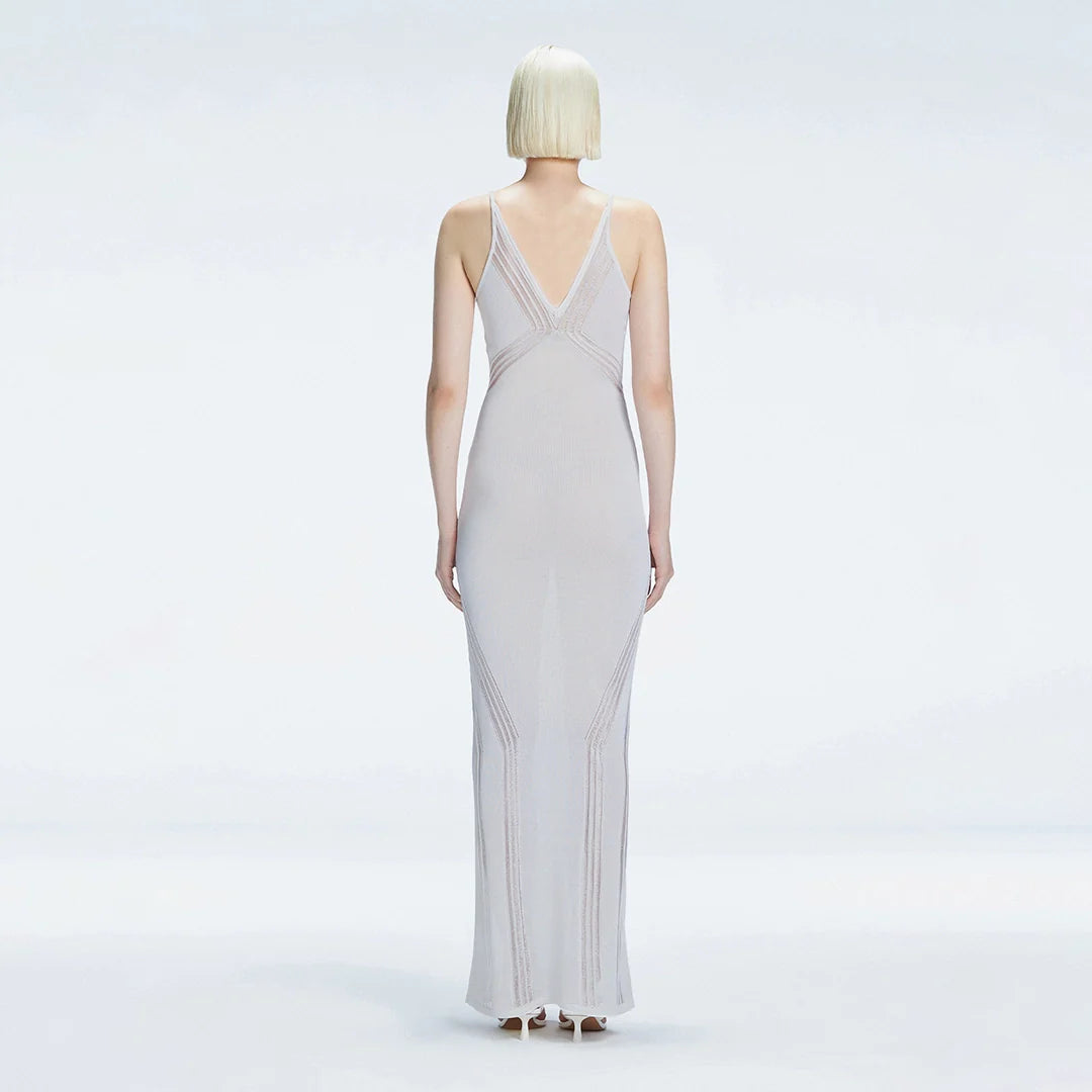 Odessa Silver V Neck Knit Maxi Dress | Moeva | Dress | Each week unveils new pieces—luxury swimwear, fluid resort silhouettes, and elevated summer-to-evening essentials designed to carry you from coastal escapes to city nights.