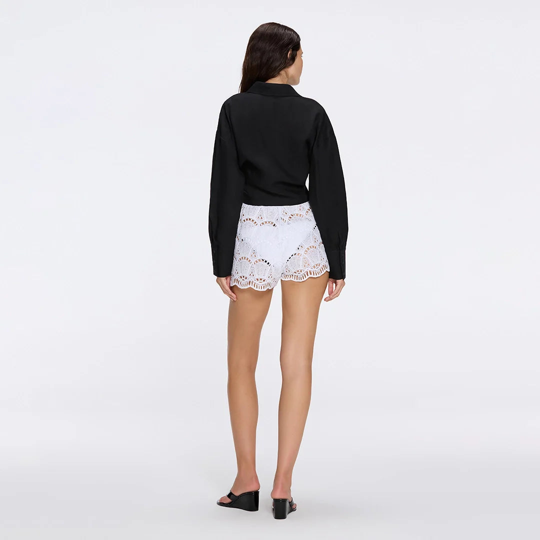Ophelia White Crochet Detail High-Waist Shorts | Moeva | Shorts | Each week unveils new pieces—luxury swimwear, fluid resort silhouettes, and elevated summer-to-evening essentials designed to carry you from coastal escapes to city nights.