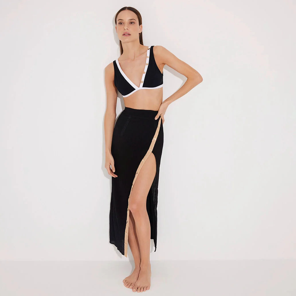 Pina Black/White Asymmetric Gold Button Maxi Skirt | Moeva | Skirt | Each week unveils new pieces—luxury swimwear, fluid resort silhouettes, and elevated summer-to-evening essentials designed to carry you from coastal escapes to city nights.