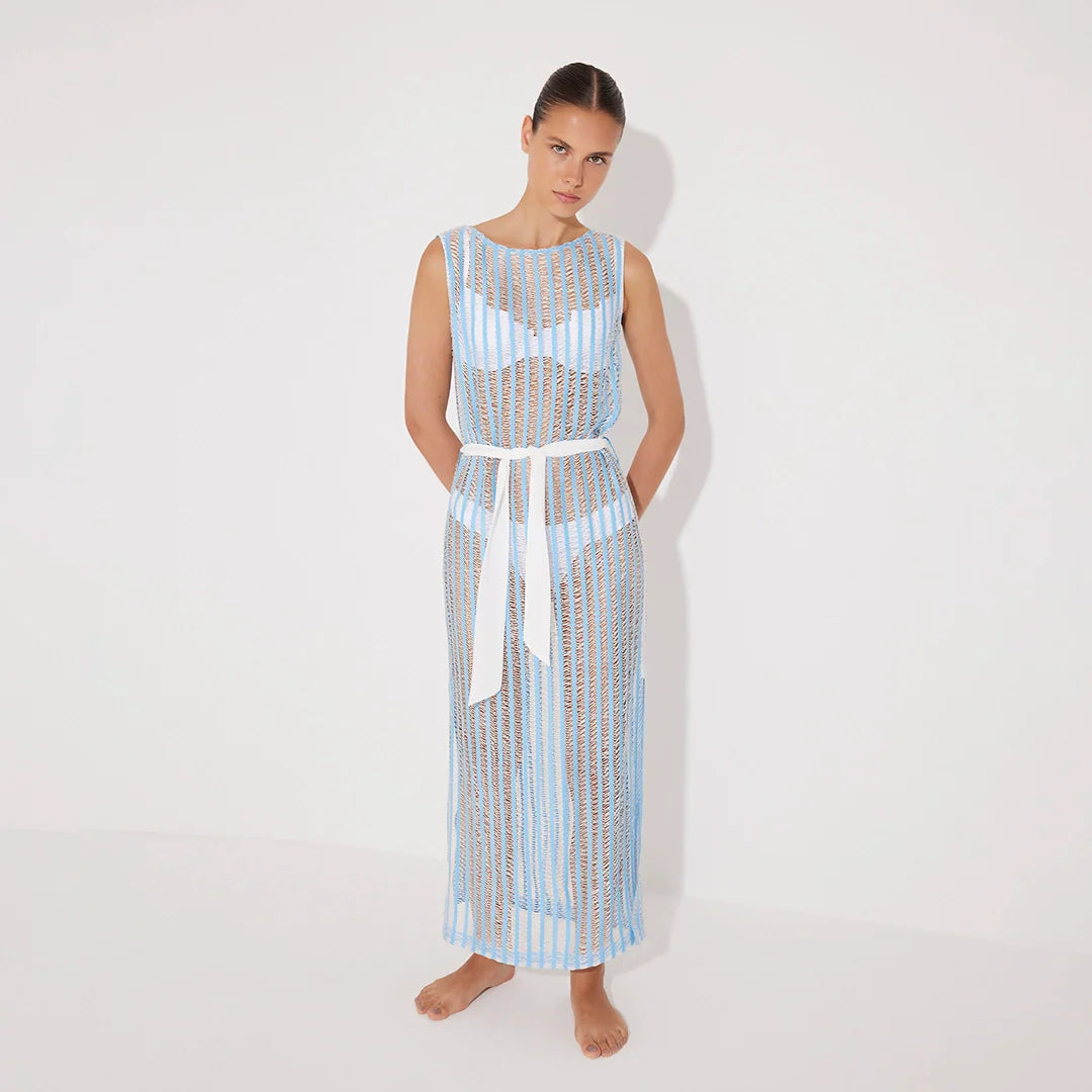 Roma Blue/White Knit Belted Maxi Dress | Moeva | Dress | Each week unveils new pieces—luxury swimwear, fluid resort silhouettes, and elevated summer-to-evening essentials designed to carry you from coastal escapes to city nights.