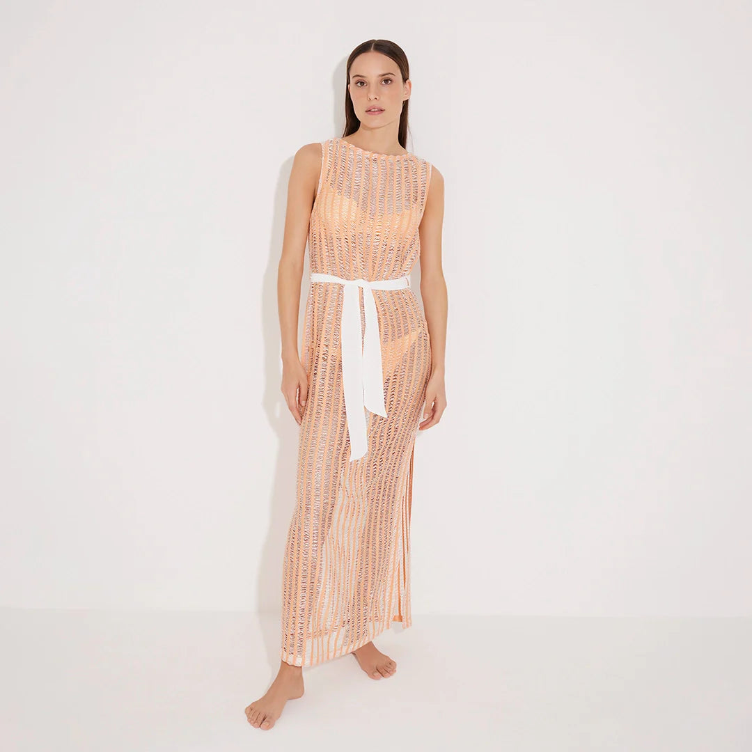 Roma Orange/White Knit Belted Maxi Dress | Moeva | Dress | Each week unveils new pieces—luxury swimwear, fluid resort silhouettes, and elevated summer-to-evening essentials designed to carry you from coastal escapes to city nights.