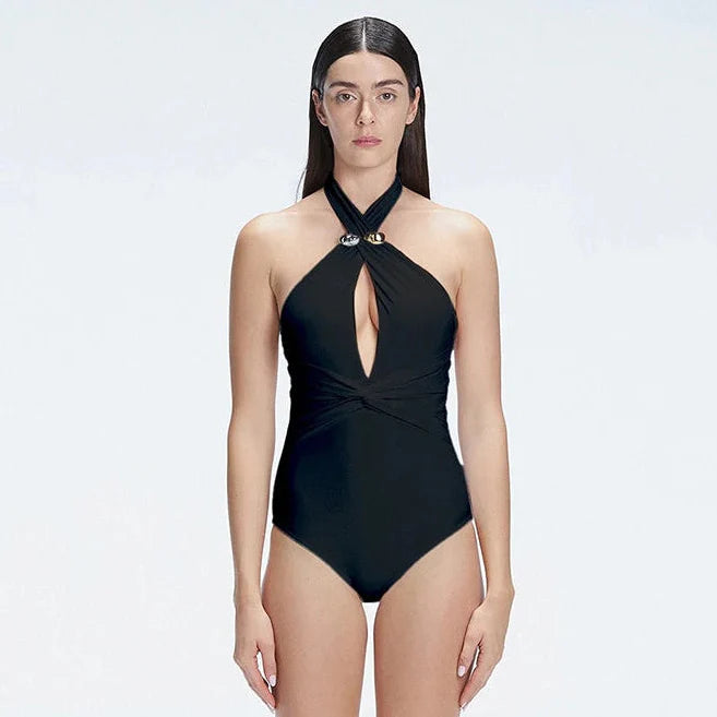 Rosamund Black Halter Swimsuit | Moeva | Swimsuit | Each week unveils new pieces—luxury swimwear, fluid resort silhouettes, and elevated summer-to-evening essentials designed to carry you from coastal escapes to city nights.