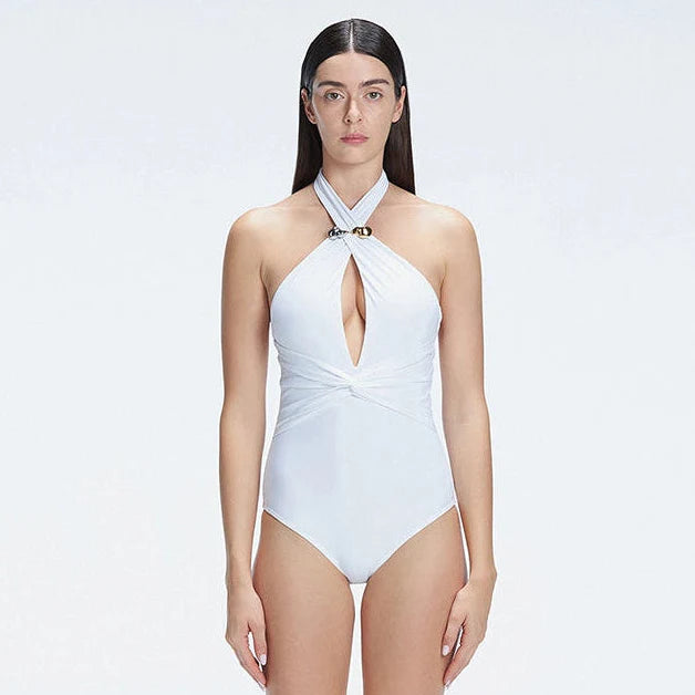 Rosamund White Halter Swimsuit | Moeva | Swimsuit | Each week unveils new pieces—luxury swimwear, fluid resort silhouettes, and elevated summer-to-evening essentials designed to carry you from coastal escapes to city nights.