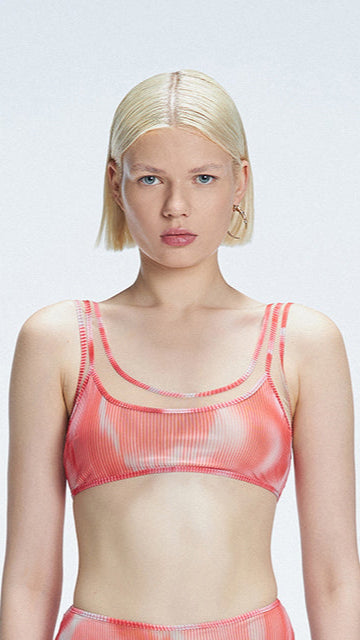 Rosalind Red Optical Scoop Neck 3D Print Bikini Top | Moeva | Bikini Top | Each week unveils new pieces—luxury swimwear, fluid resort silhouettes, and elevated summer-to-evening essentials designed to carry you from coastal escapes to city nights.