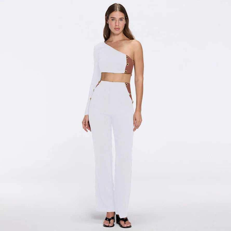 Evangeline White-Brown High-Waist Straight-Leg Pants | Moeva | Pants | Each week unveils new pieces—luxury swimwear, fluid resort silhouettes, and elevated summer-to-evening essentials designed to carry you from coastal escapes to city nights.