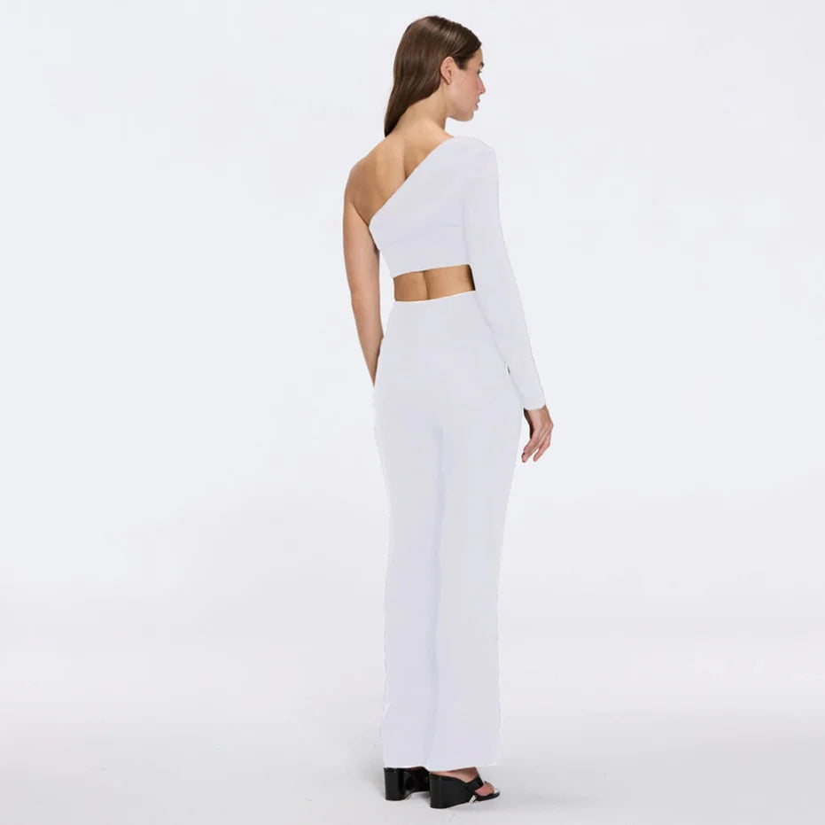 Villamar One-Shoulder Crop Top And Evangeline High Waist White-Brown Pants Set | Moeva | Set | Each week unveils new pieces—luxury swimwear, fluid resort silhouettes, and elevated summer-to-evening essentials designed to carry you from coastal escapes to city nights.