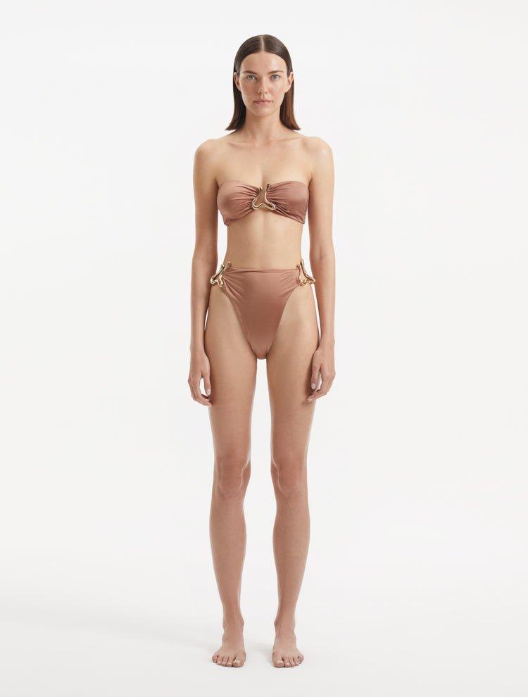 Clyde Brown Bandeau Satin Bikini Top | Moeva | Bikini Top | Each week unveils new pieces—luxury swimwear, fluid resort silhouettes, and elevated summer-to-evening essentials designed to carry you from coastal escapes to city nights.