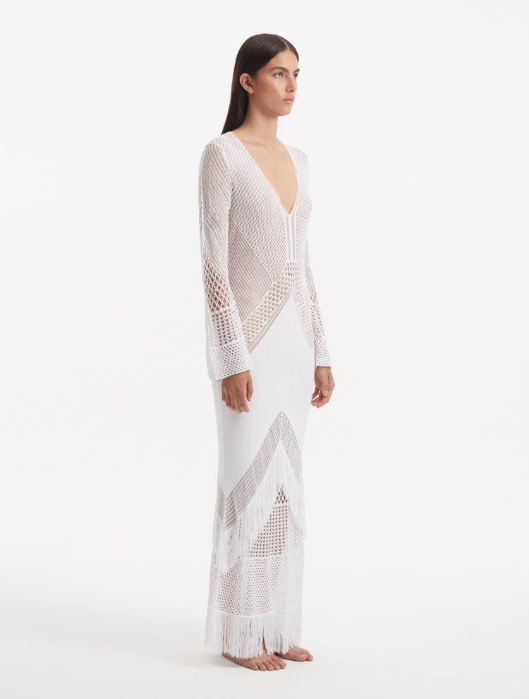 Elba White Long Sleeve Knit Fringe Maxi Dress | Moeva | Dress | Each week unveils new pieces—luxury swimwear, fluid resort silhouettes, and elevated summer-to-evening essentials designed to carry you from coastal escapes to city nights.