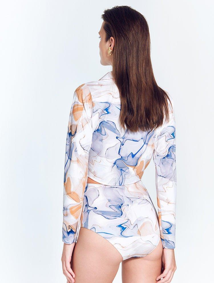 Greta Blue Abstract Long Sleeve Tie Front Shirt | Moeva | Shirt | Each week unveils new pieces—luxury swimwear, fluid resort silhouettes, and elevated summer-to-evening essentials designed to carry you from coastal escapes to city nights.