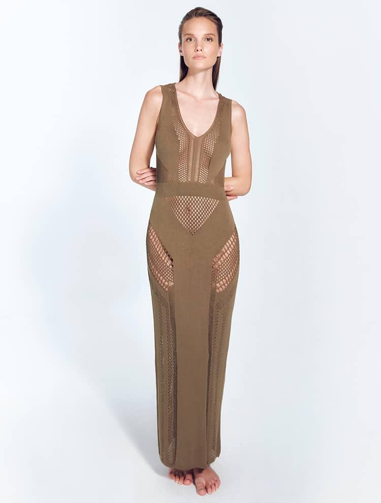 Izzy Khaki Sleeveless Knitted Maxi Dress | Moeva | Dress | Each week unveils new pieces—luxury swimwear, fluid resort silhouettes, and elevated summer-to-evening essentials designed to carry you from coastal escapes to city nights.