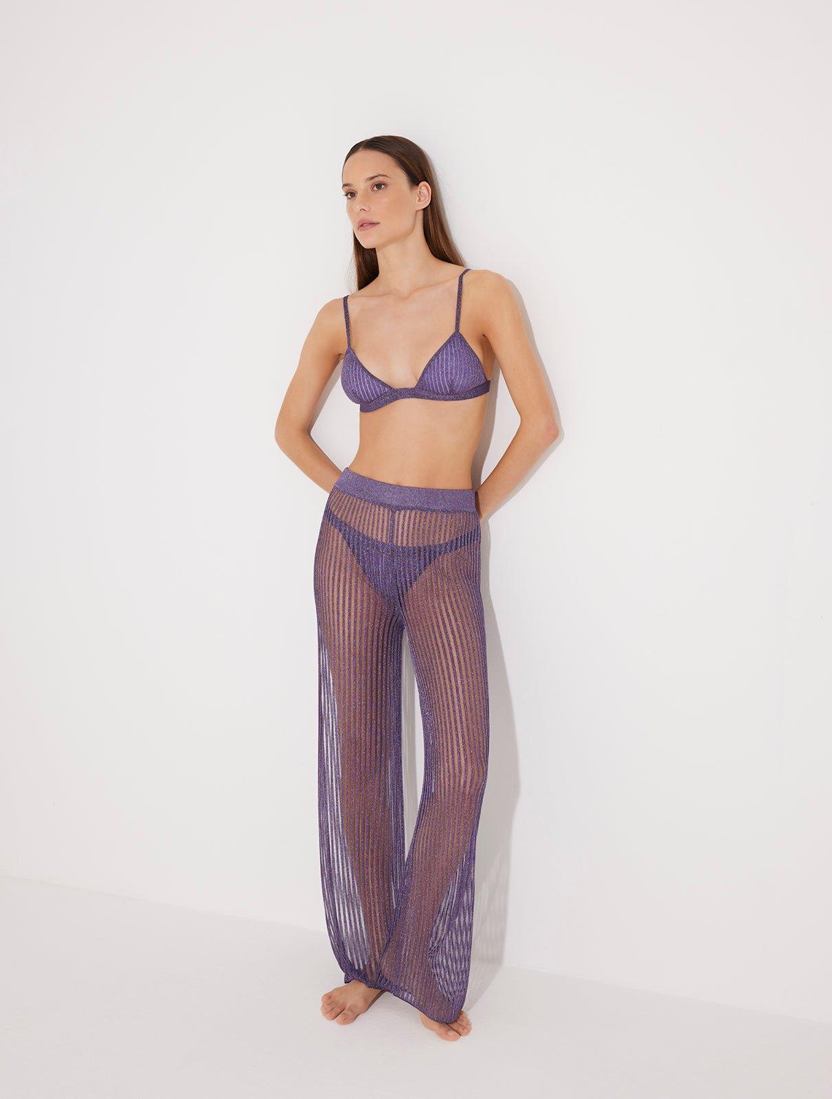 Valentina Marzullo - Hartley Scoop Neck Metallic Knitted Swimsuit & Luz Lilac Metallic Sheer Knit Pants | Moeva | Pants | Each week unveils new pieces—luxury swimwear, fluid resort silhouettes, and elevated summer-to-evening essentials designed to carry you from coastal escapes to city nights.