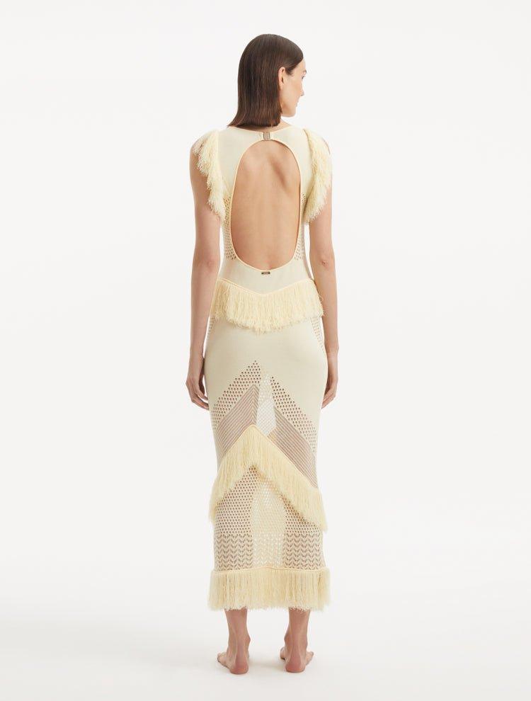 Maris Yellow Knitted Maxi Dress with Fringe and Open Back | Moeva | Dress | Each week unveils new pieces—luxury swimwear, fluid resort silhouettes, and elevated summer-to-evening essentials designed to carry you from coastal escapes to city nights.