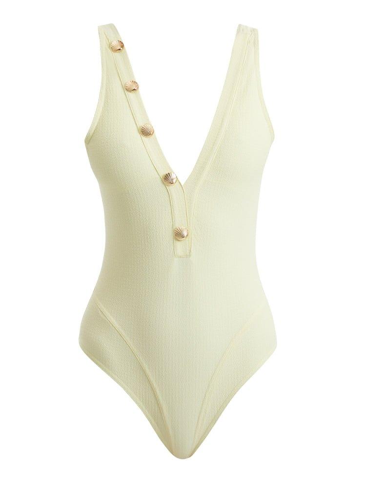 Aslisah Alkoclar - Naida Yellow V Neck Textured Swimsuit | Moeva | Swimsuit | Each week unveils new pieces—luxury swimwear, fluid resort silhouettes, and elevated summer-to-evening essentials designed to carry you from coastal escapes to city nights.