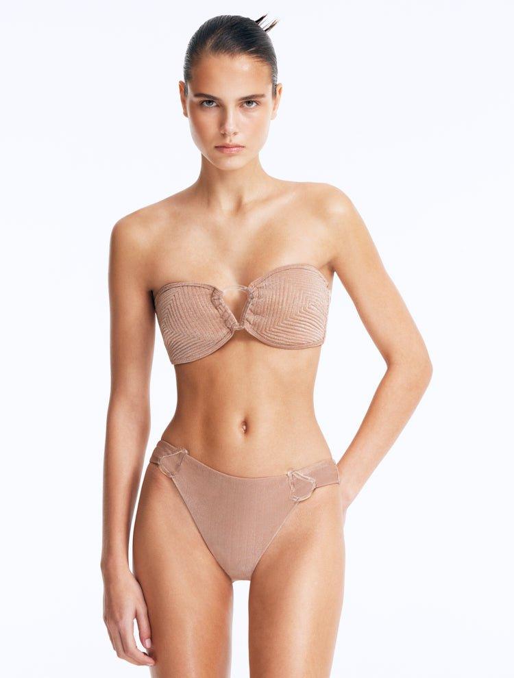 Bruna Lirio - Aliana Bronze Macrame Net Maxi Dress with Glass Bead Details & Nixie Bronze Bandeau Mid Coverage Bikini Set | Moeva | Dress | Each week unveils new pieces—luxury swimwear, fluid resort silhouettes, and elevated summer-to-evening essentials designed to carry you from coastal escapes to city nights.