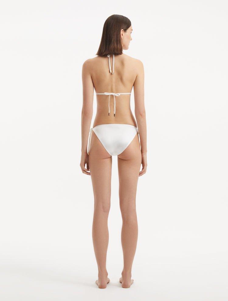 Rhea White Triangle Side Tie Satin Bikini Set | Moeva | Bikini Set | Each week unveils new pieces—luxury swimwear, fluid resort silhouettes, and elevated summer-to-evening essentials designed to carry you from coastal escapes to city nights.