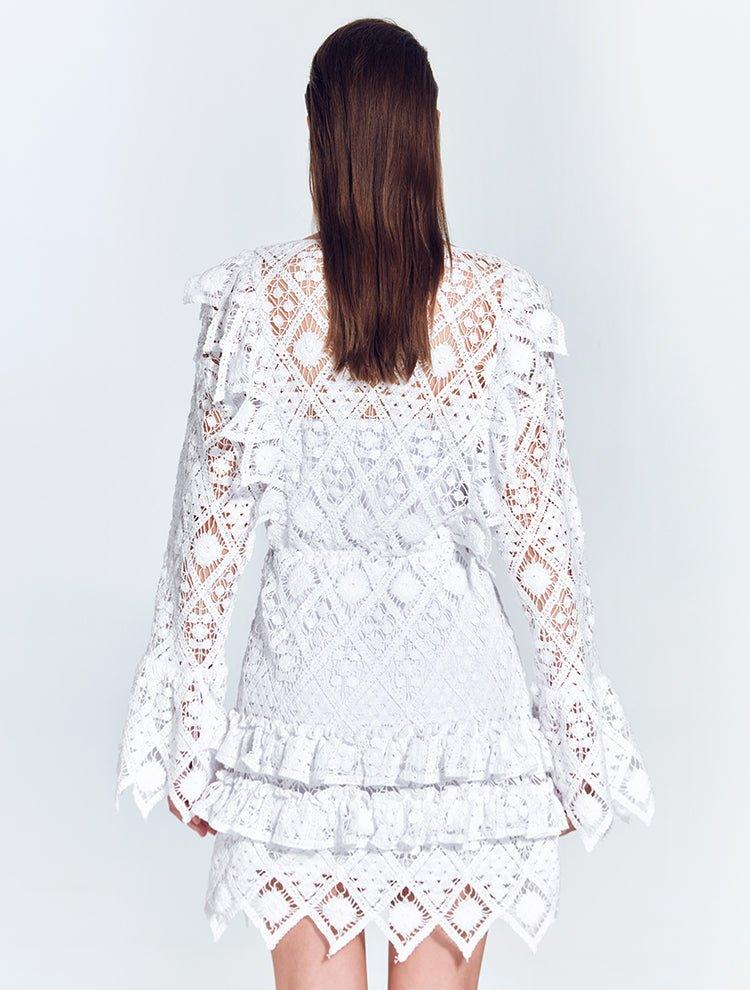 Zhen White Lace Midi Dress with Ruffle Detail | Moeva | Dress | Each week unveils new pieces—luxury swimwear, fluid resort silhouettes, and elevated summer-to-evening essentials designed to carry you from coastal escapes to city nights.
