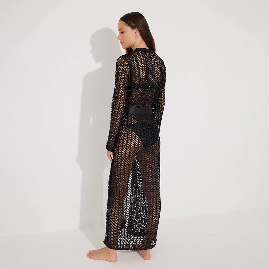 Aitana Black Open-Knit Belted Long Kaftan | Moeva | Kaftan | Each week unveils new pieces—luxury swimwear, fluid resort silhouettes, and elevated summer-to-evening essentials designed to carry you from coastal escapes to city nights.