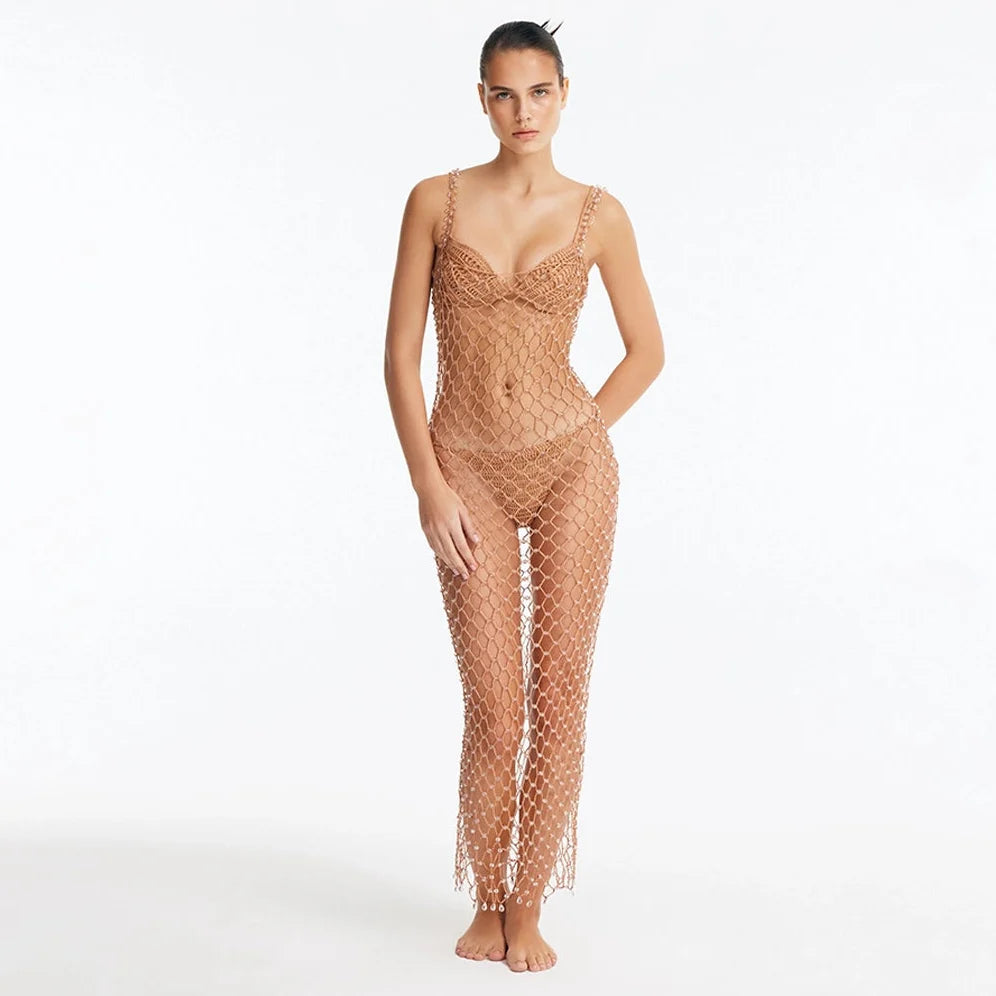 Aliana Bronze Macrame Net Maxi Dress with Glass Bead Details | Moeva | Dress | Each week unveils new pieces—luxury swimwear, fluid resort silhouettes, and elevated summer-to-evening essentials designed to carry you from coastal escapes to city nights.