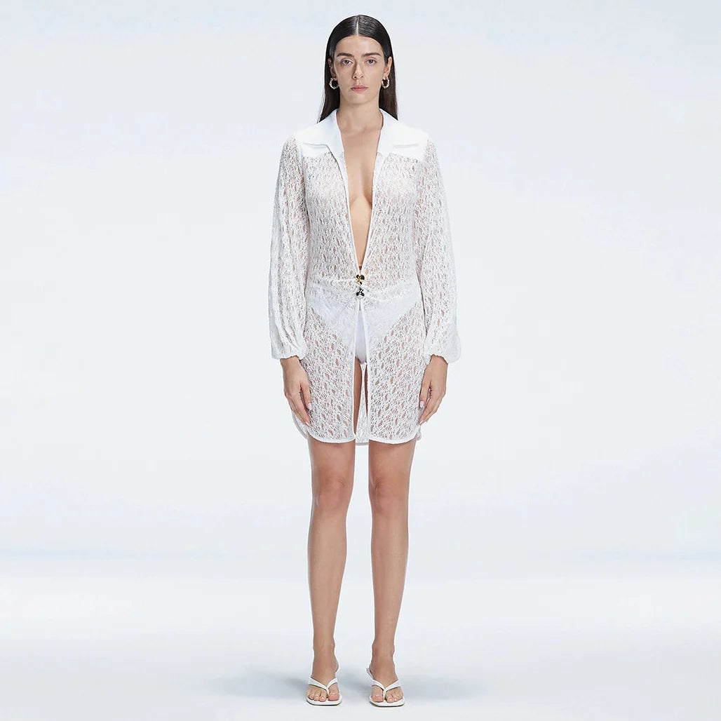 Althea White Long Sleeve Lace Mini Kaftan | Moeva | Kaftan | Each week unveils new pieces—luxury swimwear, fluid resort silhouettes, and elevated summer-to-evening essentials designed to carry you from coastal escapes to city nights.