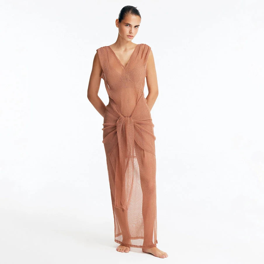 Aster Bronze Mesh Tie Front Maxi Dress | Moeva | Dress | Each week unveils new pieces—luxury swimwear, fluid resort silhouettes, and elevated summer-to-evening essentials designed to carry you from coastal escapes to city nights.