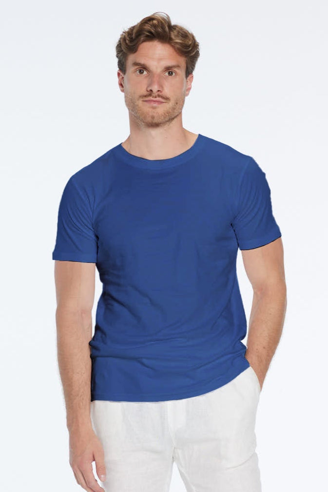 Atlas Dark Blue Cotton Round Neck T-Shirt | Moeva | T-Shirt | Each week unveils new pieces—luxury swimwear, fluid resort silhouettes, and elevated summer-to-evening essentials designed to carry you from coastal escapes to city nights.