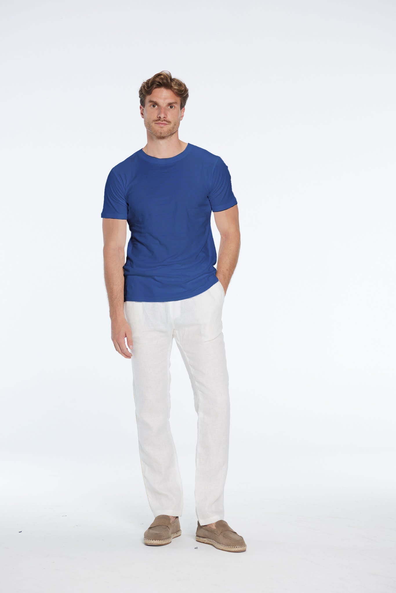 Atlas Dark Blue Cotton Round Neck T-Shirt | Moeva | T-Shirt | Each week unveils new pieces—luxury swimwear, fluid resort silhouettes, and elevated summer-to-evening essentials designed to carry you from coastal escapes to city nights.