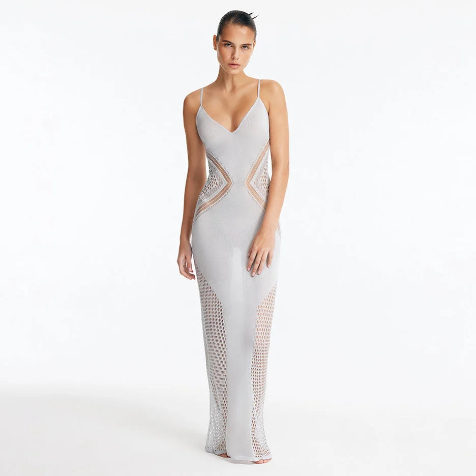 Azalea Silver Knitted Maxi Dress with Side Mesh Panels | Moeva | Dress | Each week unveils new pieces—luxury swimwear, fluid resort silhouettes, and elevated summer-to-evening essentials designed to carry you from coastal escapes to city nights.