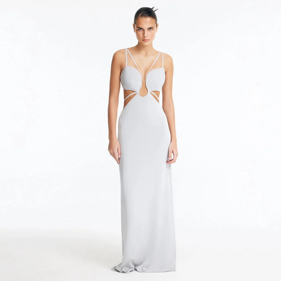 Calla Silver Knitted U-Wire Maxi Dress with Cut-Outs | Moeva | Dress | Each week unveils new pieces—luxury swimwear, fluid resort silhouettes, and elevated summer-to-evening essentials designed to carry you from coastal escapes to city nights.