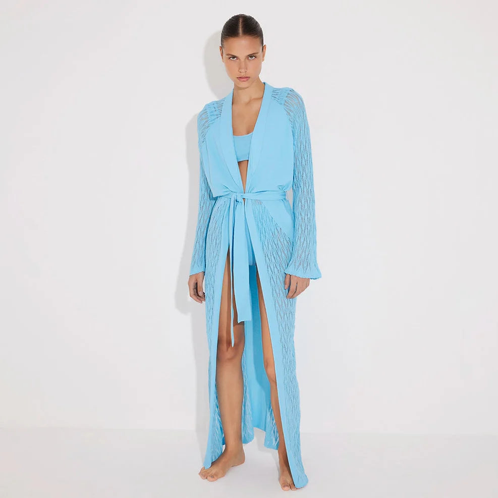 Chad Long Sleeve Belted Knitted Mesh Blue Kaftan | Moeva | Kaftan | Each week unveils new pieces—luxury swimwear, fluid resort silhouettes, and elevated summer-to-evening essentials designed to carry you from coastal escapes to city nights.