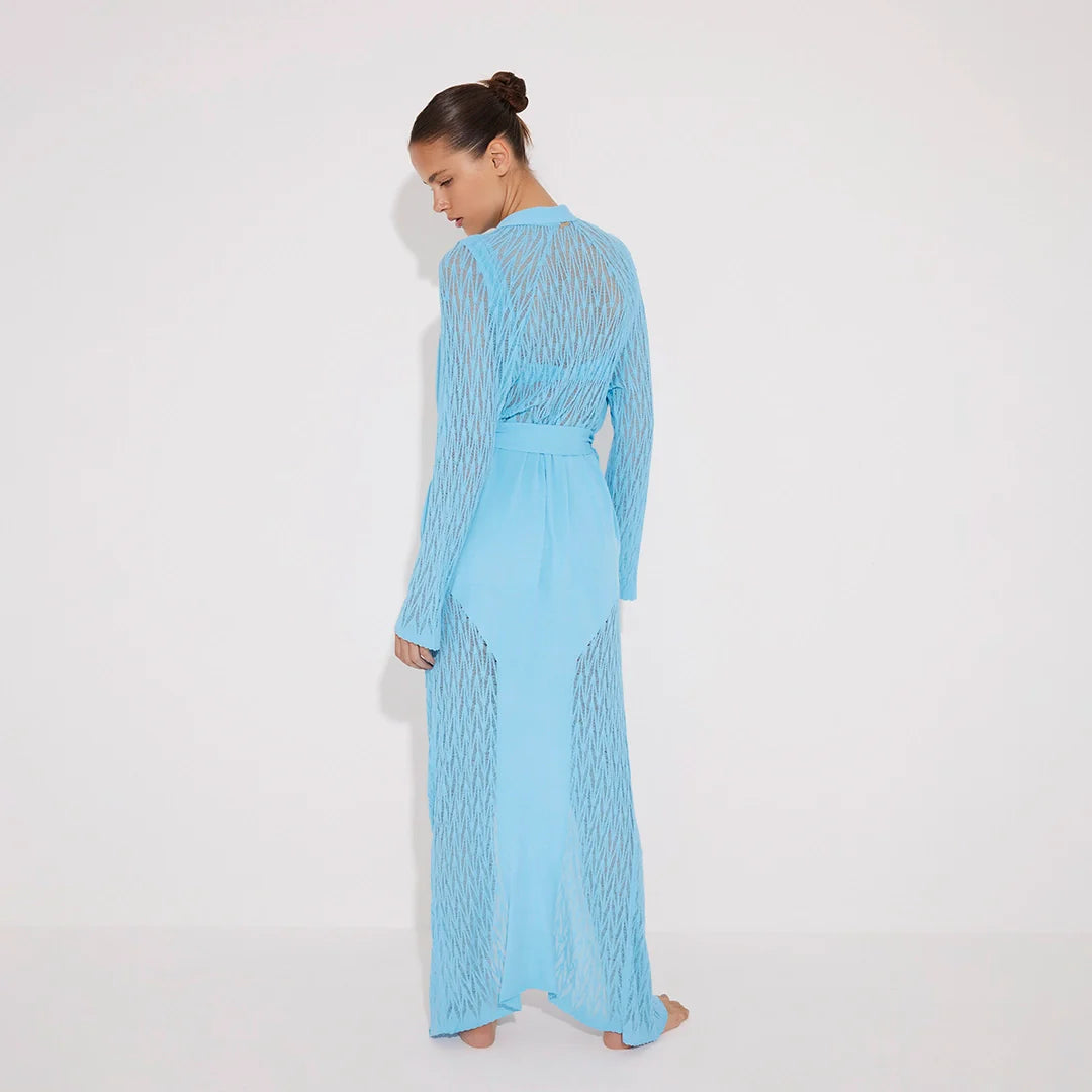 Chad Long Sleeve Belted Knitted Mesh Blue Kaftan | Moeva | Kaftan | Each week unveils new pieces—luxury swimwear, fluid resort silhouettes, and elevated summer-to-evening essentials designed to carry you from coastal escapes to city nights.