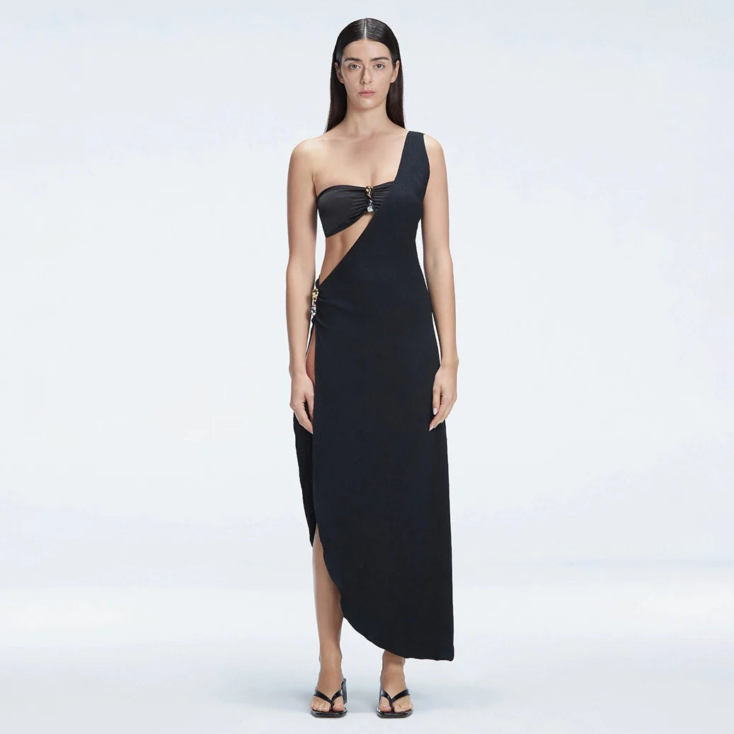 Coraline Black One Shoulder Asymetrical Maxi Dress | Moeva | Dress | Each week unveils new pieces—luxury swimwear, fluid resort silhouettes, and elevated summer-to-evening essentials designed to carry you from coastal escapes to city nights.