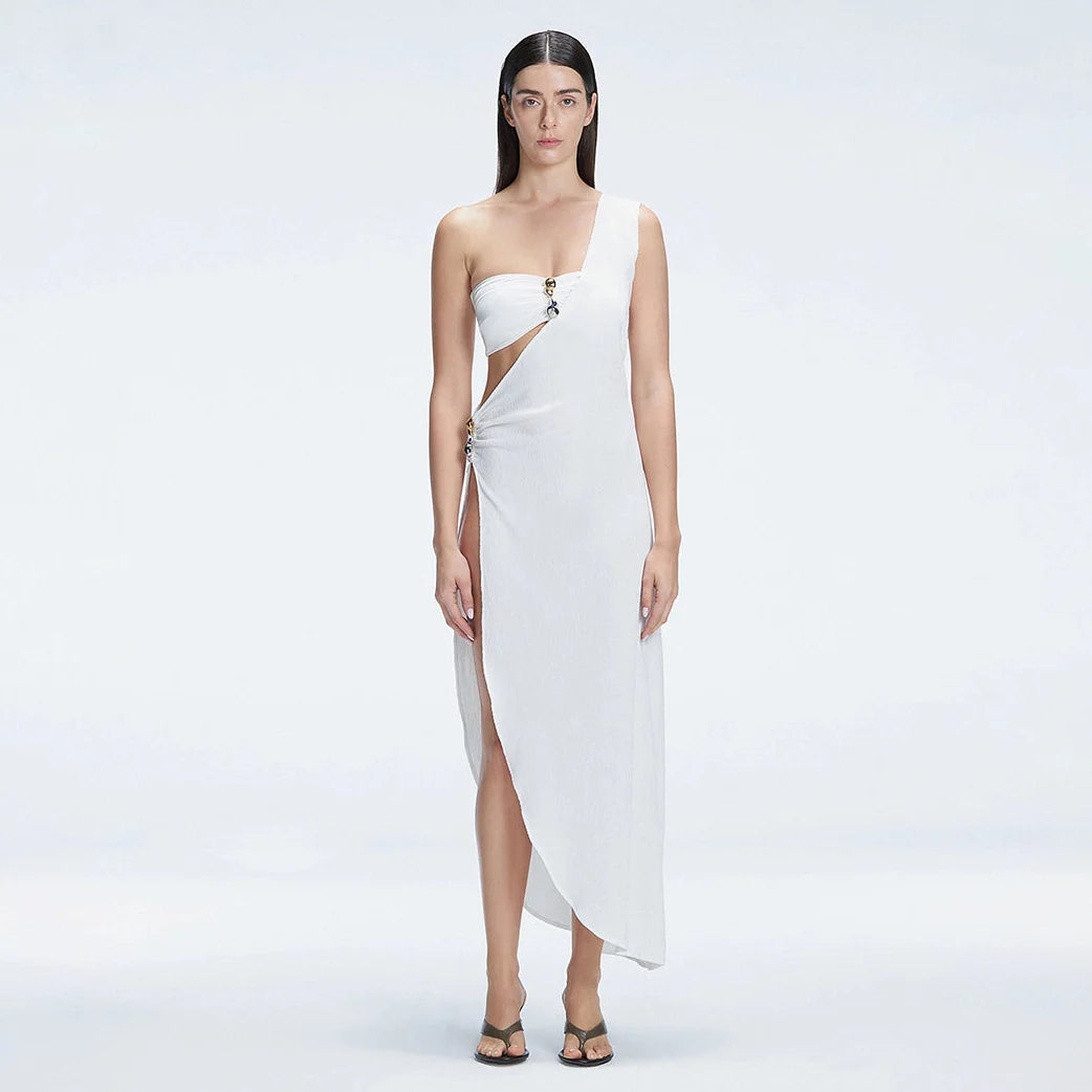 Coraline White One Shoulder Asymetrical Maxi Dress | Moeva | Dress | Each week unveils new pieces—luxury swimwear, fluid resort silhouettes, and elevated summer-to-evening essentials designed to carry you from coastal escapes to city nights.