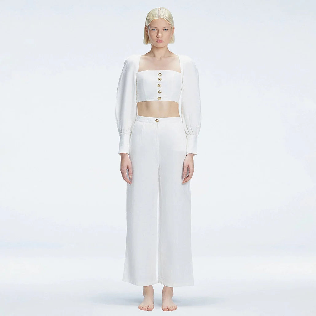 Gemma Square Neck Long Sleeve Top and Valencia High Waist Pants White Set | Moeva | Set | Each week unveils new pieces—luxury swimwear, fluid resort silhouettes, and elevated summer-to-evening essentials designed to carry you from coastal escapes to city nights.