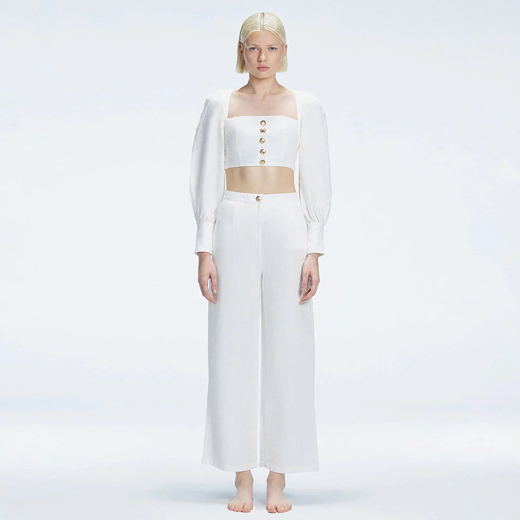 Gemma White Linen Square Neck - Long Sleeve Crop Top | Moeva | Crop Top | Each week unveils new pieces—luxury swimwear, fluid resort silhouettes, and elevated summer-to-evening essentials designed to carry you from coastal escapes to city nights.