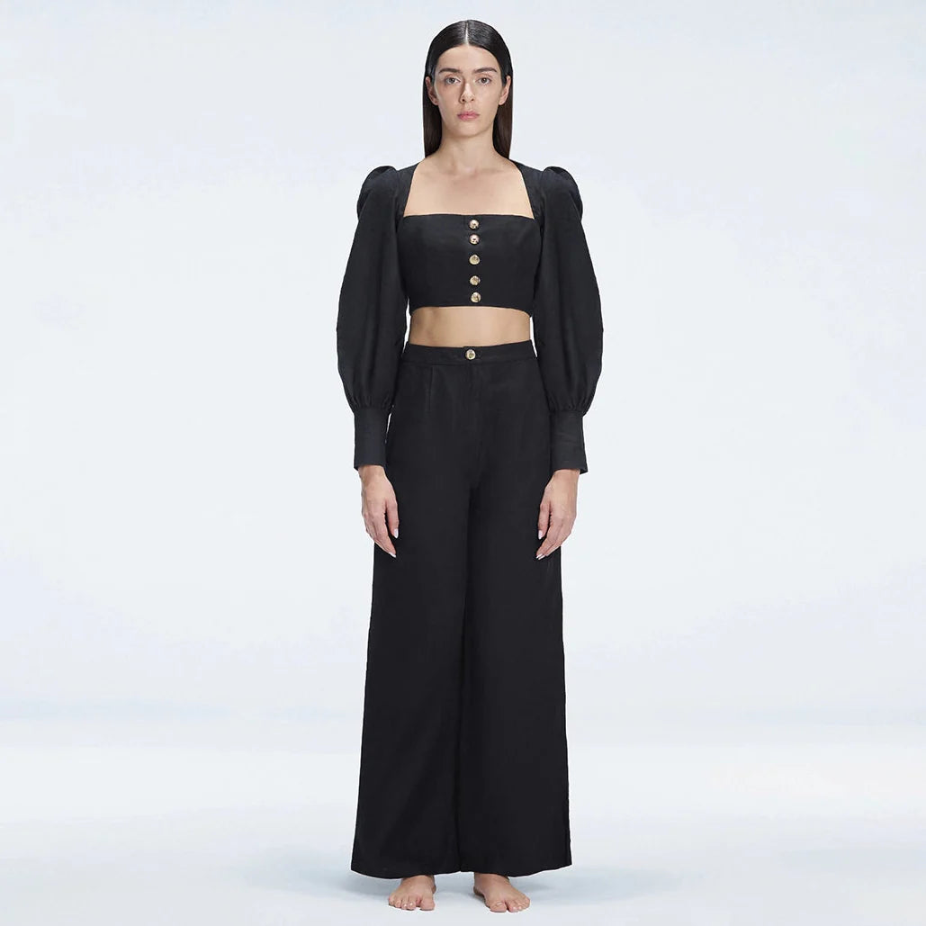 Gemma Black Linen Square Neck - Long Sleeve Crop Top | Moeva | Crop Top | Each week unveils new pieces—luxury swimwear, fluid resort silhouettes, and elevated summer-to-evening essentials designed to carry you from coastal escapes to city nights.