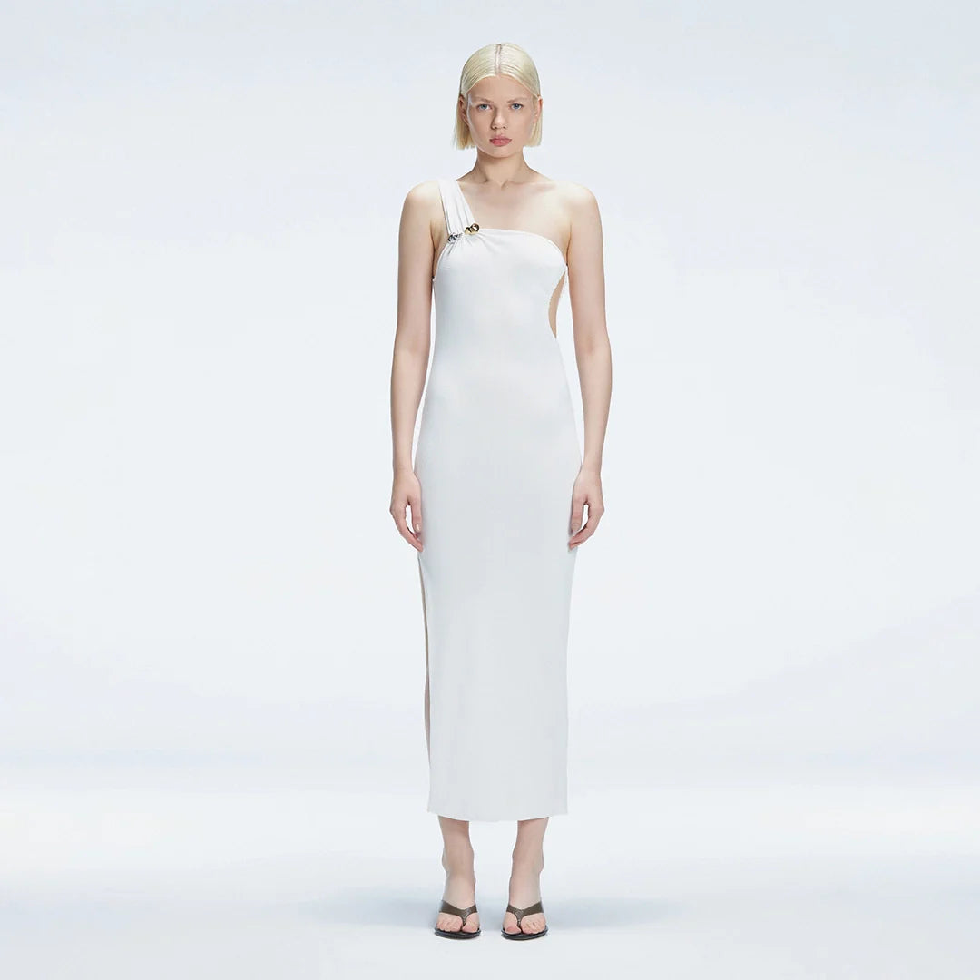 Halle White Cut Out Knit Maxi Dress | Moeva | Dress | Each week unveils new pieces—luxury swimwear, fluid resort silhouettes, and elevated summer-to-evening essentials designed to carry you from coastal escapes to city nights.