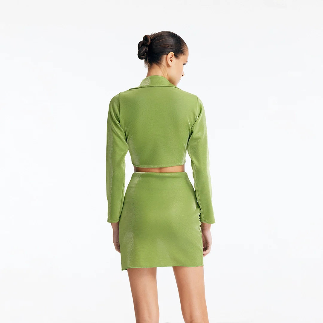 Greta Green Long Sleeve Tie Front Shirt and Indigo Asymmetric Ring-Drape Mini Skirt | Moeva | Set | Each week unveils new pieces—luxury swimwear, fluid resort silhouettes, and elevated summer-to-evening essentials designed to carry you from coastal escapes to city nights.