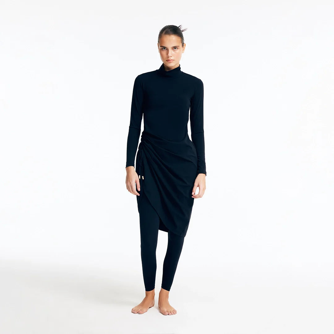 Sahar Black Sculpted Drape Full-Coverage Swim Set | Moeva | Swimsuit | Each week unveils new pieces—luxury swimwear, fluid resort silhouettes, and elevated summer-to-evening essentials designed to carry you from coastal escapes to city nights.