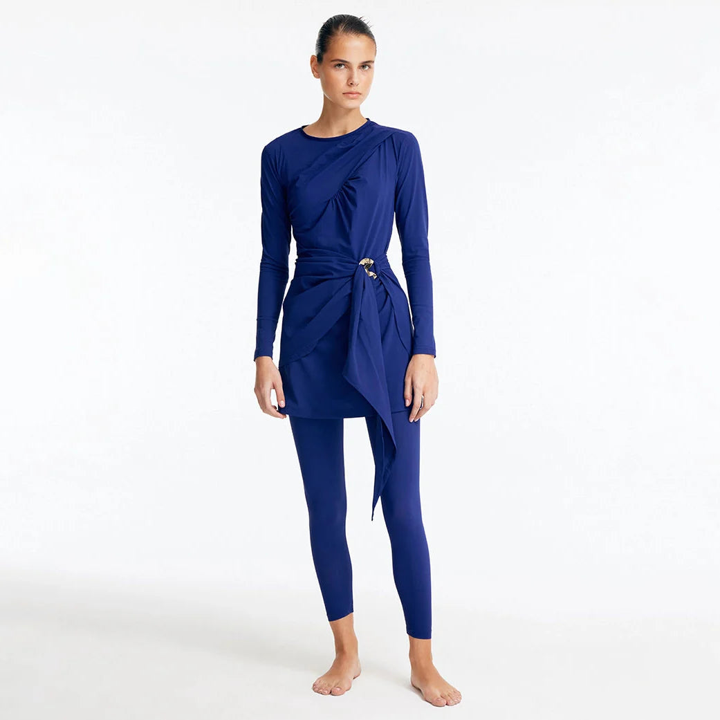 Aaliyah Navy Blue Long Sleeve Accessorised Modest Swim Set | Moeva | Swimsuit | Each week unveils new pieces—luxury swimwear, fluid resort silhouettes, and elevated summer-to-evening essentials designed to carry you from coastal escapes to city nights.