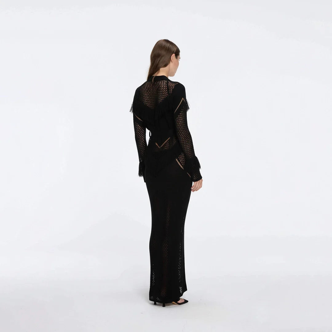 Itzel Black Knitted Mesh Long-Sleeve Kaftan | Moeva | Kaftan | Each week unveils new pieces—luxury swimwear, fluid resort silhouettes, and elevated summer-to-evening essentials designed to carry you from coastal escapes to city nights.