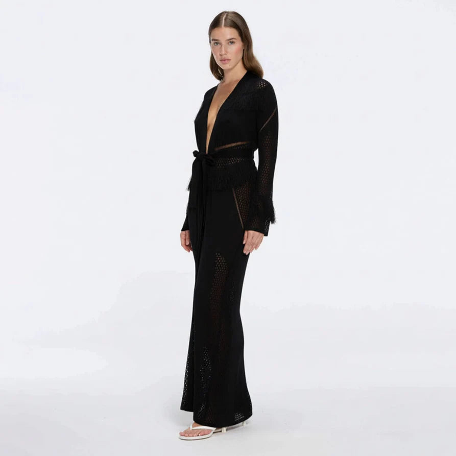 Itzel Black Knitted Mesh Long-Sleeve Kaftan | Moeva | Kaftan | Each week unveils new pieces—luxury swimwear, fluid resort silhouettes, and elevated summer-to-evening essentials designed to carry you from coastal escapes to city nights.