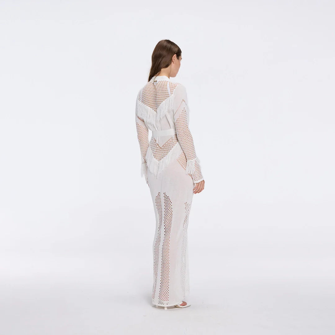 Itzel White Knitted Mesh Long-Sleeve Kaftan | Moeva | Kaftan | Each week unveils new pieces—luxury swimwear, fluid resort silhouettes, and elevated summer-to-evening essentials designed to carry you from coastal escapes to city nights.