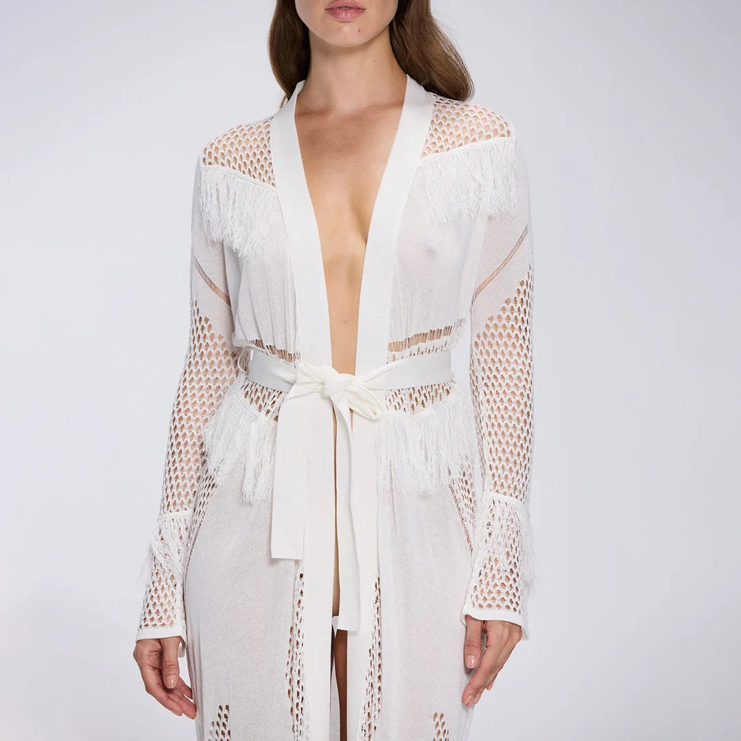 Itzel White Knitted Mesh Long-Sleeve Kaftan | Moeva | Kaftan | Each week unveils new pieces—luxury swimwear, fluid resort silhouettes, and elevated summer-to-evening essentials designed to carry you from coastal escapes to city nights.